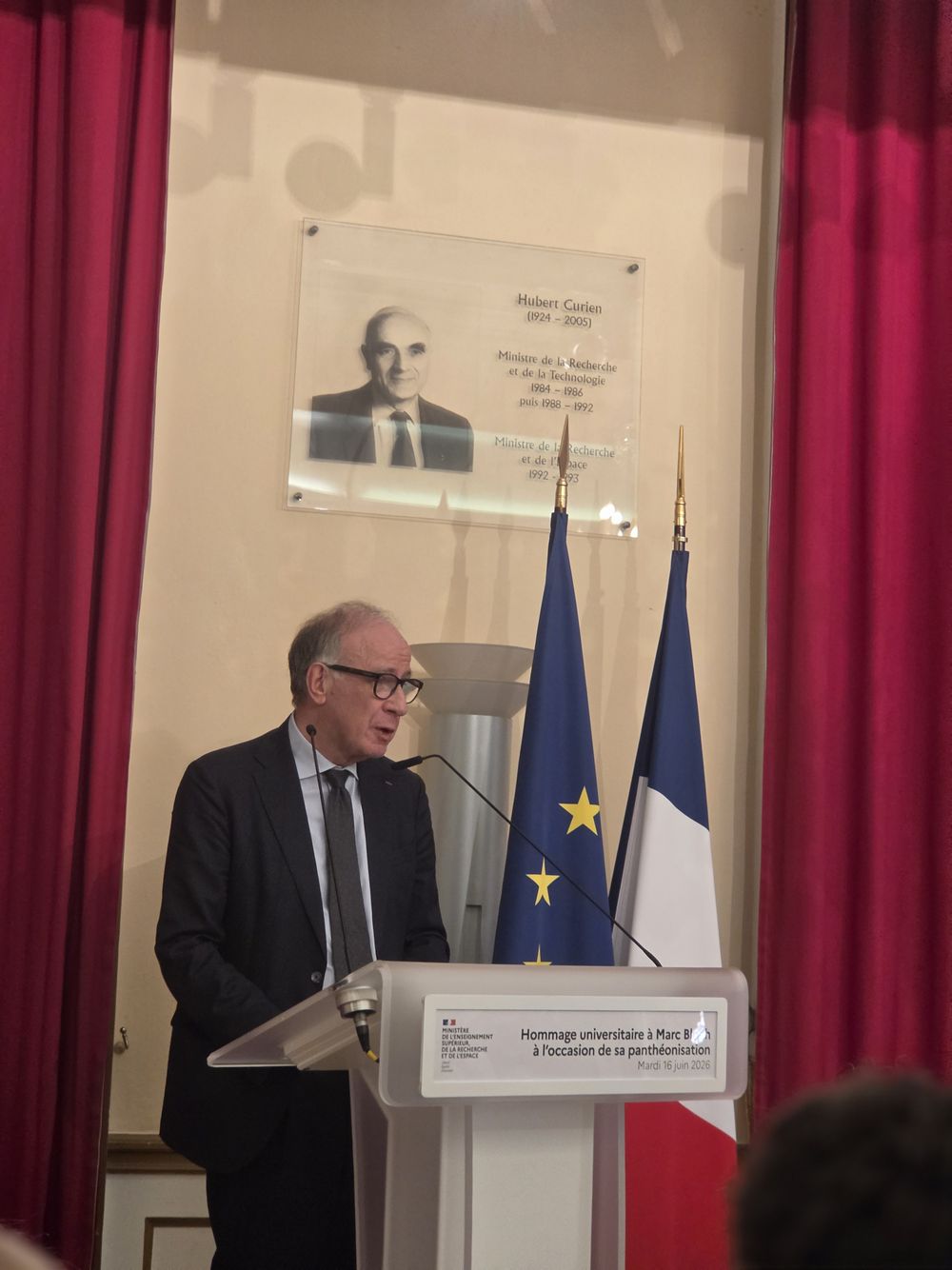 Réception du ministre de l'Enseignement supérieur et de la Recherche, Philippe Baptiste au Pavillon Boncourt, en hommage à Marc Bloch. 