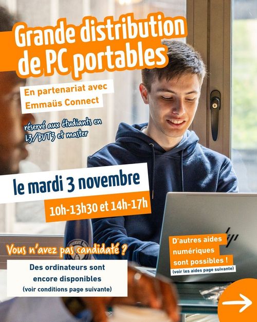 affiche mentionnant la distribution de pc portables le 3 novembre 2026 en partenariat avec Emmaus Connect