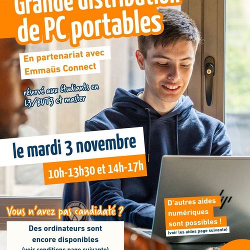 affiche mentionnant la distribution de pc portables le 3 novembre 2026 en partenariat avec Emmaus Connect