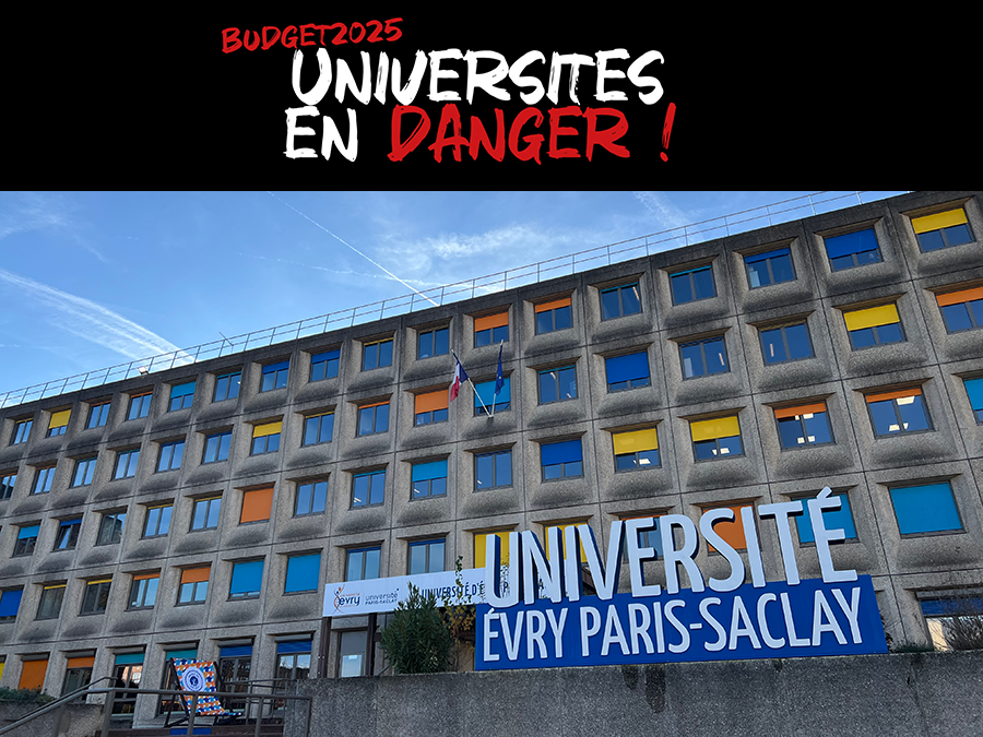 Image de la façade du bâtiment principal avec écrit Universités en danger